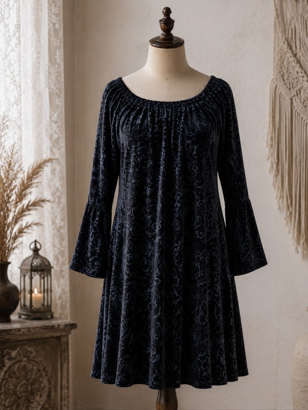 Velvet Black Jacquard Bell Sleeve Mini Dress Boho Retro Glam – Small